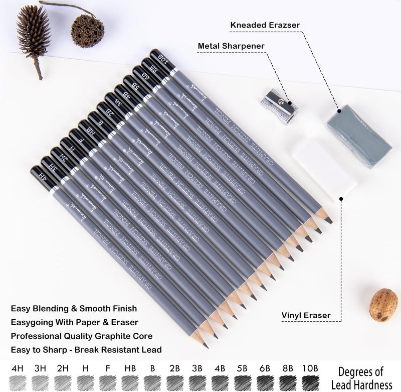 Brusarth Professional Sketch Pencils for Drawing Set - Graphite Pencils (4H-10B), Graphite Sticks, Erasers and Sharpener, Art Pencils for Sketching- Ideal for Artists and Beginners,17Pcs - Image 2